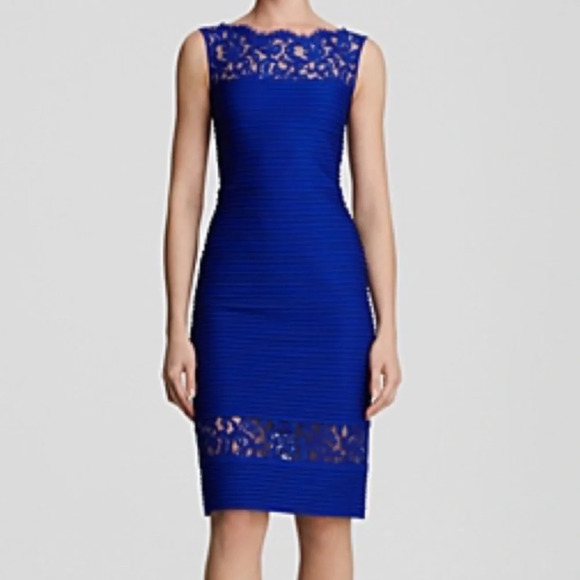 Tadashi Shoji Cobalt Blue Horizontal Pleated Bodycon dress with Lace Bod…